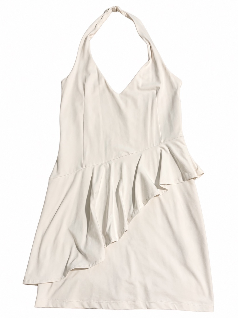 bebe White Halter Mini Dress Asymmetrical Ruffle Peplum Cocktail Dress